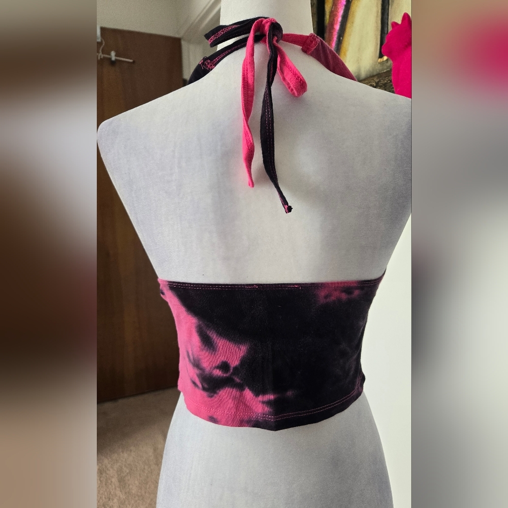 Dolls Kill -Club Exx - Just Jealousy Tie Front Black/Pink Crop Halter Top - Picture 2 of 4